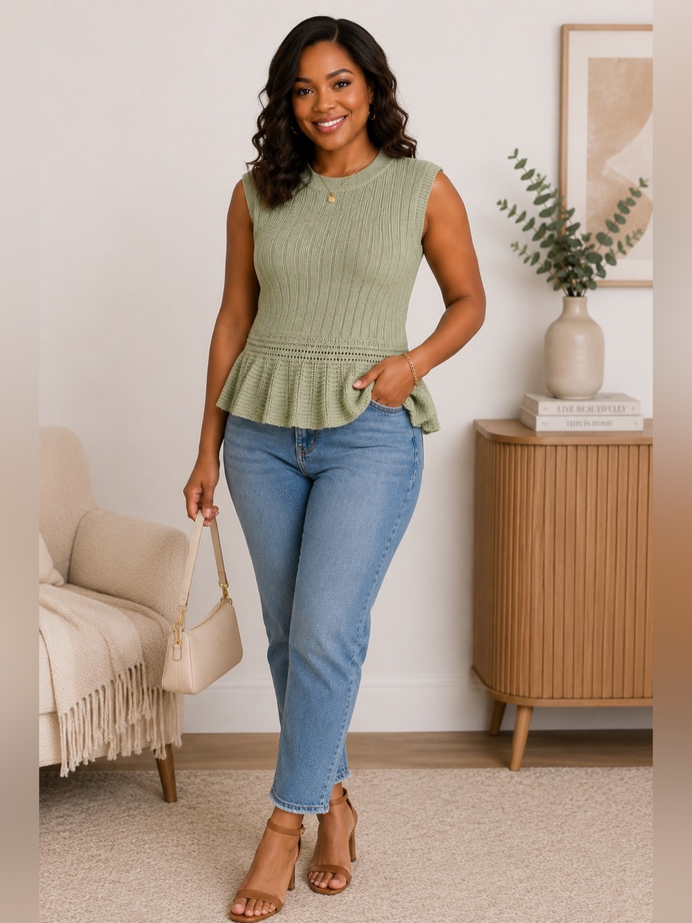 White House Black Market Sage Green Sleeveless Peplum Knit Top
